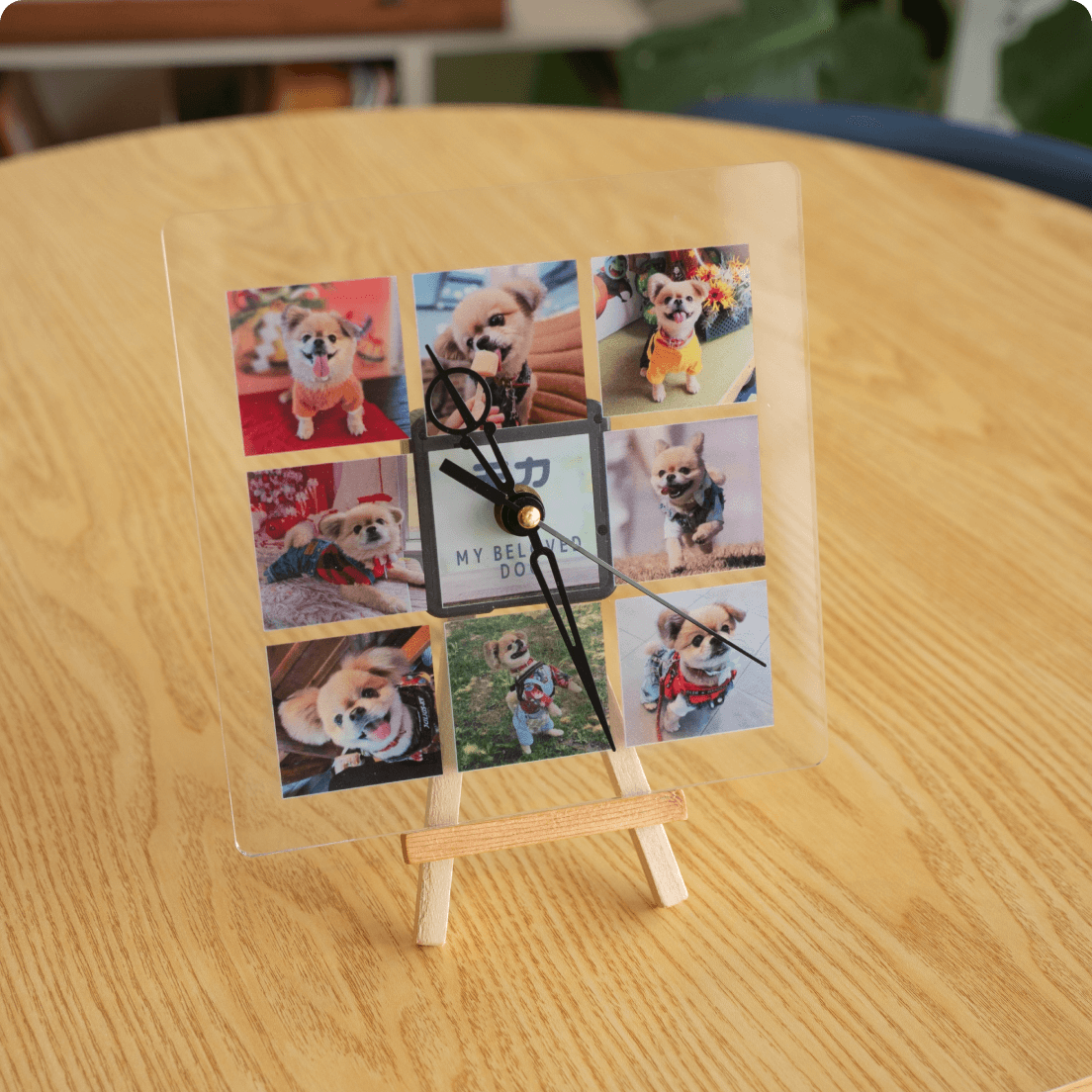 アクリルフォトクロック。レーザー加工機、UVプリンターで制作